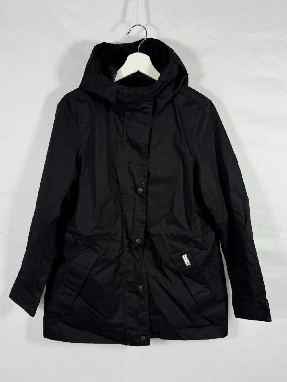 Hunter Black Water Resistant Jacket Rain Coat Size Small Full Zip Snap Closure